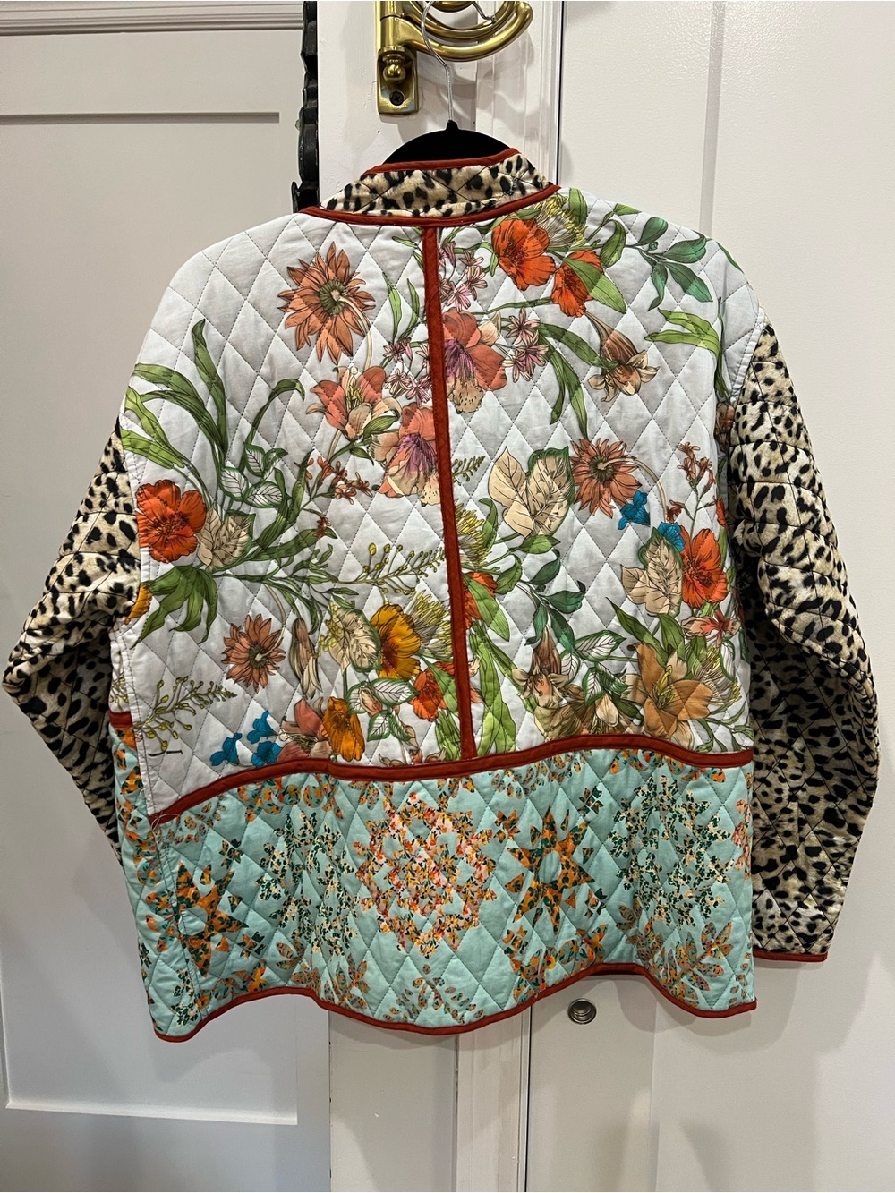 Johnny Was Quilted Patchwork Puffer Jacket in Aqua, Cream & Brown Leopard - Picture 3 of 4